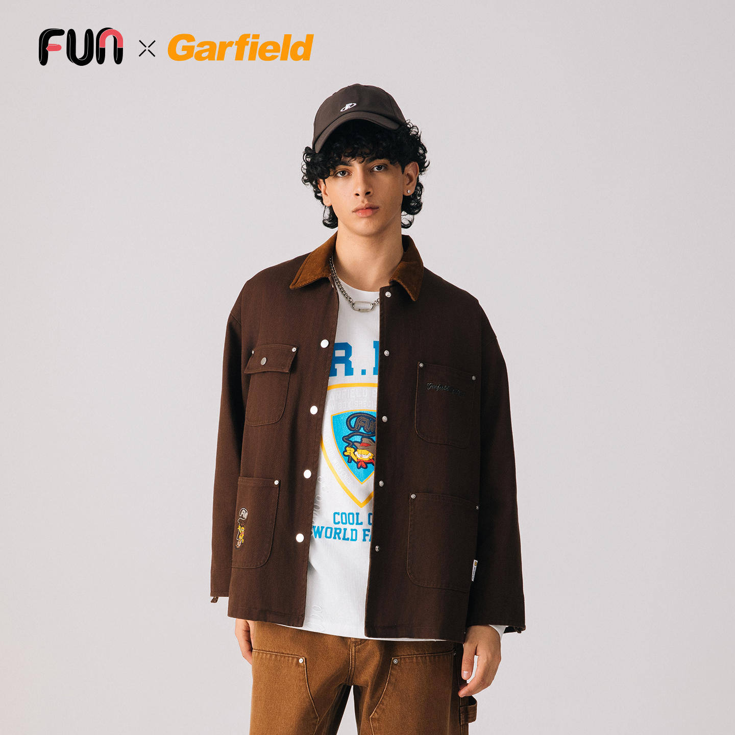 Fun线下同款加菲猫联名翻领工装外套男单排扣简约百搭宽松休闲