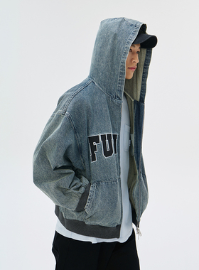 Fun商场同款时尚牛仔超宽松版连帽牛仔外套牛仔开衫FMW44301L