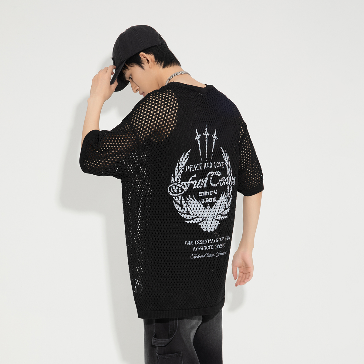 Fun2025春夏线下商场同款街舞短袖T恤针织网状潮酷个性上衣