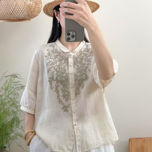 上衣衬衫 一起设计袖 DY912 小衫 刺绣纯苎麻半袖 单排扣衬衫 短款