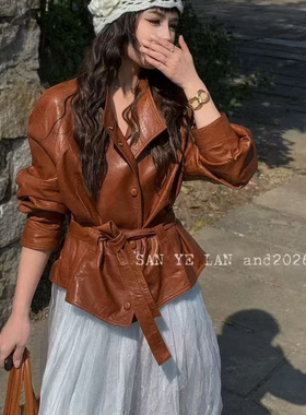 一起古立领单排扣腰带显瘦皮夹克绵羊皮皮衣(配腰绳)DZ0GF16271