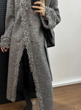 一起复古风毛边长款羊毛外套（含91.6绵羊毛）866-25150