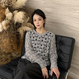 一起100山羊绒进口康赛妮时髦松弛慵懒钩花毛衣羊绒衫YS1-OXR003