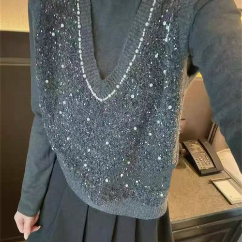 一起简约套头针织衫+叠穿烫钻针织马甲套装YS2-8826