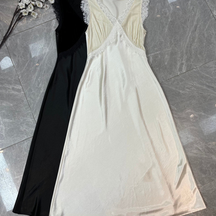 含100真丝 一起 爆款 拼接真丝丝绒蕾丝V领背心连衣裙 B12 YS161