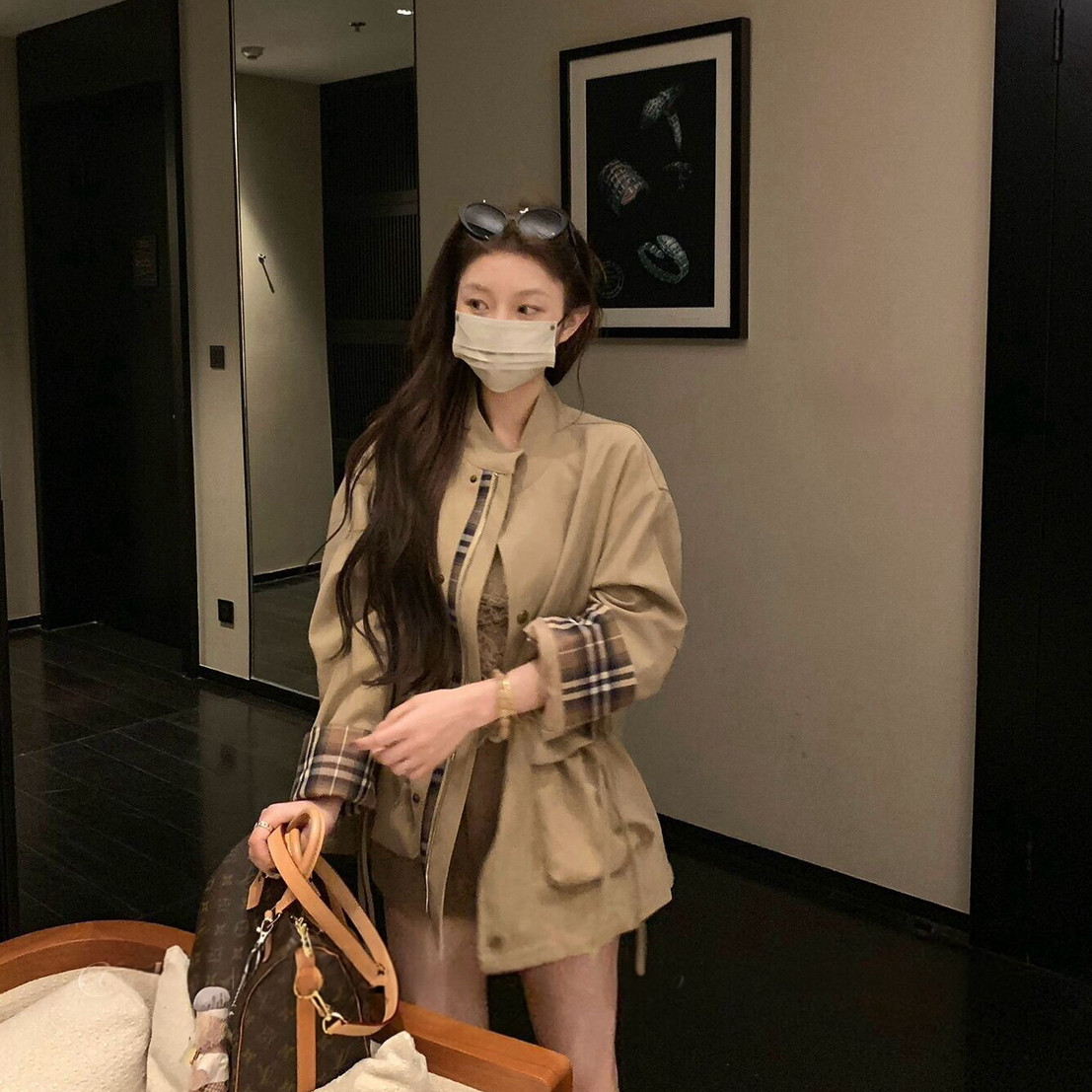 饰一起起一起秋日序章格纹拼接立领气质风衣工装外套风衣YS6-5901