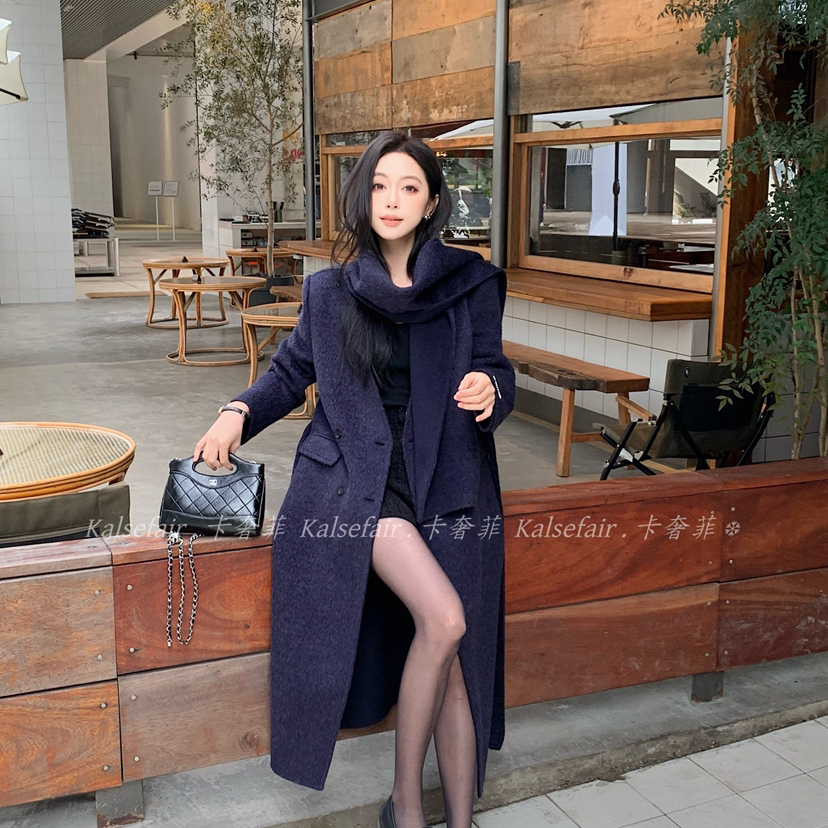 一起古气质双排扣长款羊毛外套(配围巾腰带)（含70羊毛）B一1252