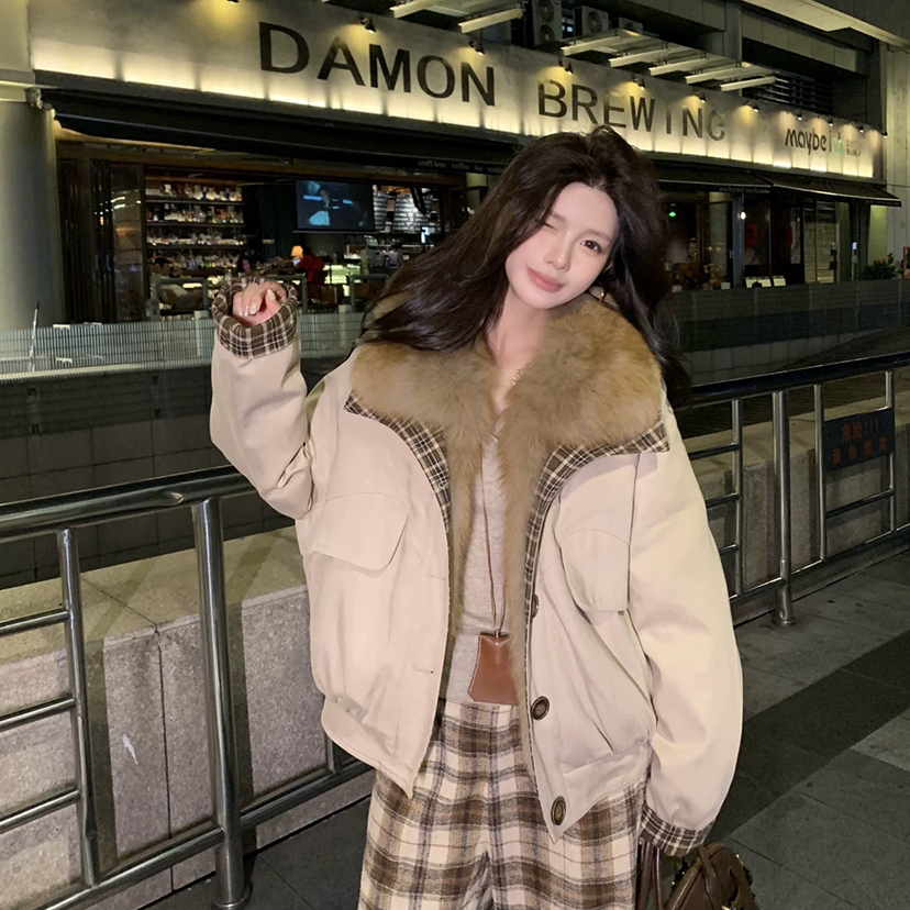 一起系拼接格纹设计感皮草夹克外套羽绒服真狐狸毛毛领YS1-5597