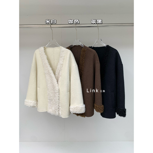 上新真羊羔毛拼接卷毛轻奢V领高级感双面羊毛外套（女L-SYNJ1445