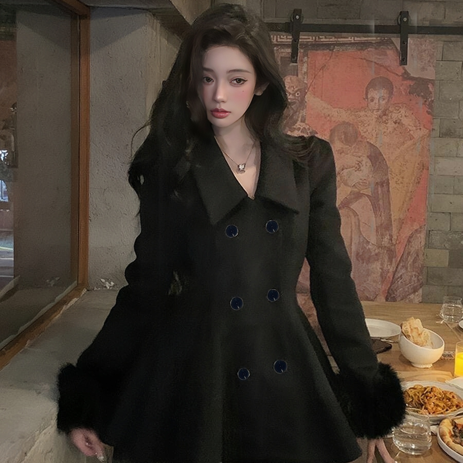 言柒轻奢大衣-毛外套(配可拆卸狐狸袖毛)（含100澳毛）L-YC772408