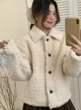 一起翻领仿羊羔毛外套女冬季新款廓形显瘦百搭奶fufu短外套16751