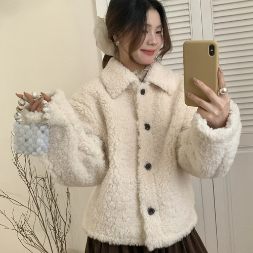 一起翻领仿羊羔毛外套女冬季新款廓形显瘦百搭奶fufu短外套16751