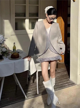 一起高级感假二件拼接设计气质显瘦西装+高腰半身裙套装S3187