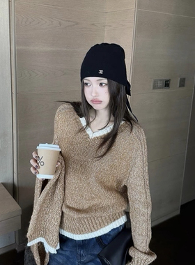 一一起早春新款洋气百搭V领定染混色编织宽松长袖针织衫A21952