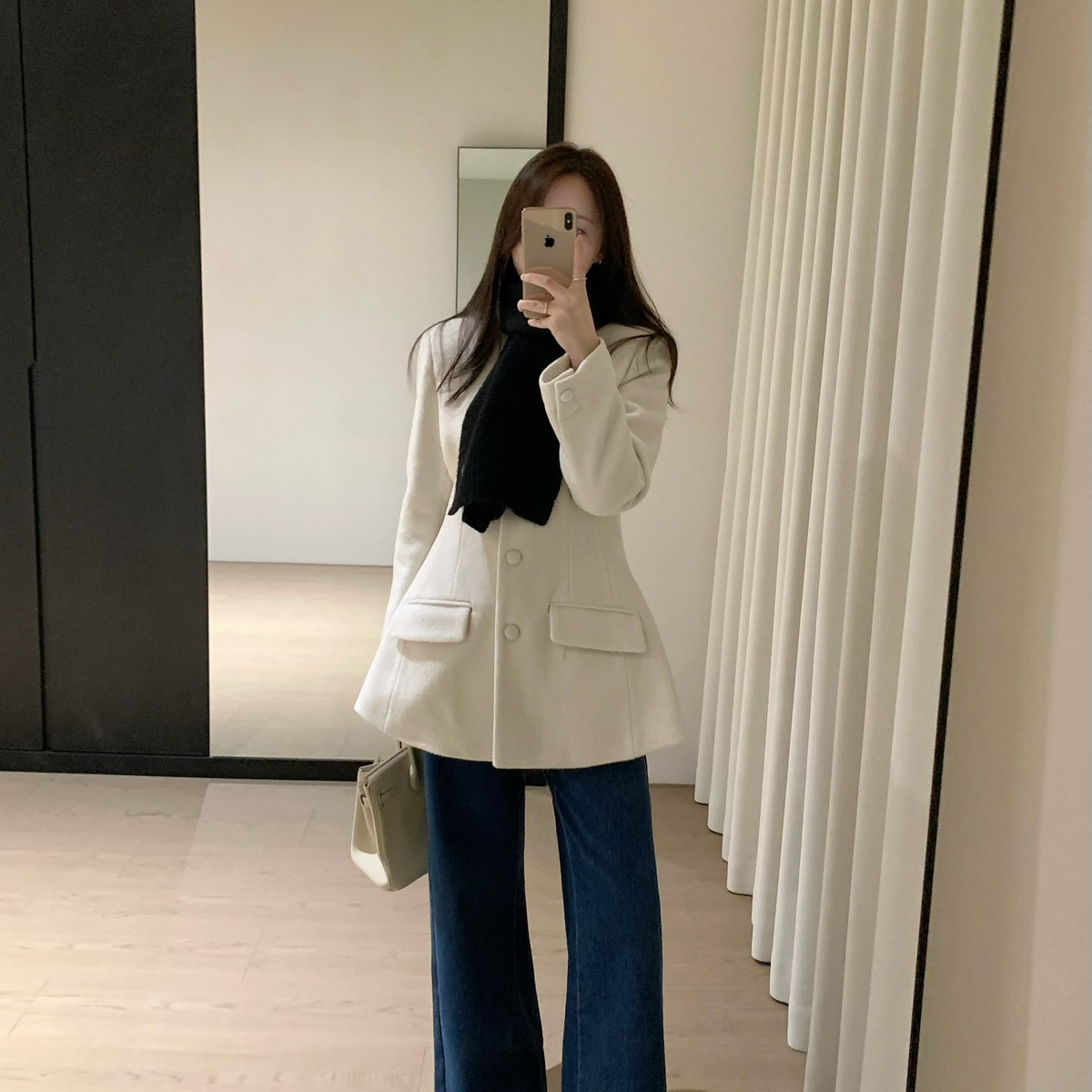 一起收腰版型羊毛外套(配围巾)（含80羊毛）(黑白撞色)PSW6121