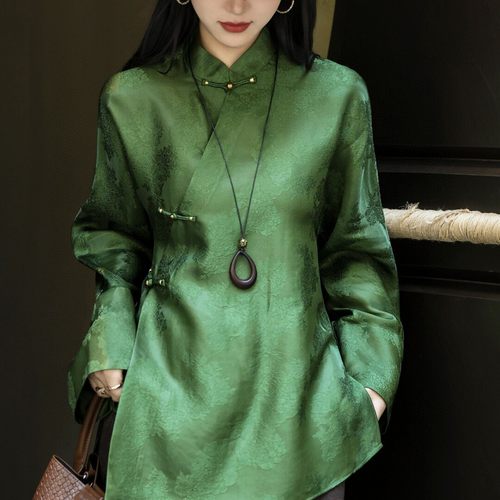 一起云纱斜襟上衣棕与绿的国风浪漫小衫（含100真丝）YS50-G228