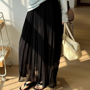 一起上新法式 百褶高腰显瘦A摆欧根纱半身裙9088. 优雅压褶长款