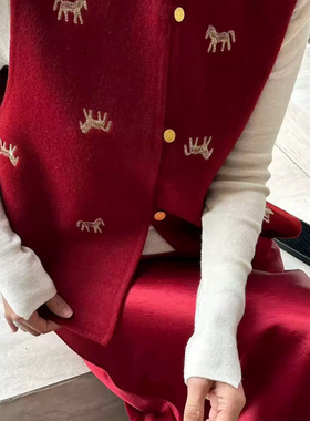 一起早春新中式国风双面呢红色羊毛呢马甲（含100澳毛）YS1-11888