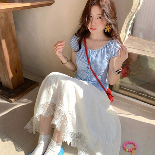 YS6 1187 韩系蕾丝拼接不规则A字裙套装 一起设计格子抽绳小衫