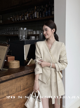 一设计小香风高级感气质外套+简约时尚半身裙套装(配腰带)22976