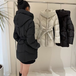配腰带 连帽保暖羽绒服外套 2052 小个子修身 一起鸭绒收腰中长款
