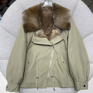 一起风连帽毛领宽松保暖羽绒服外套 2561 不可拆真青根貂毛毛领