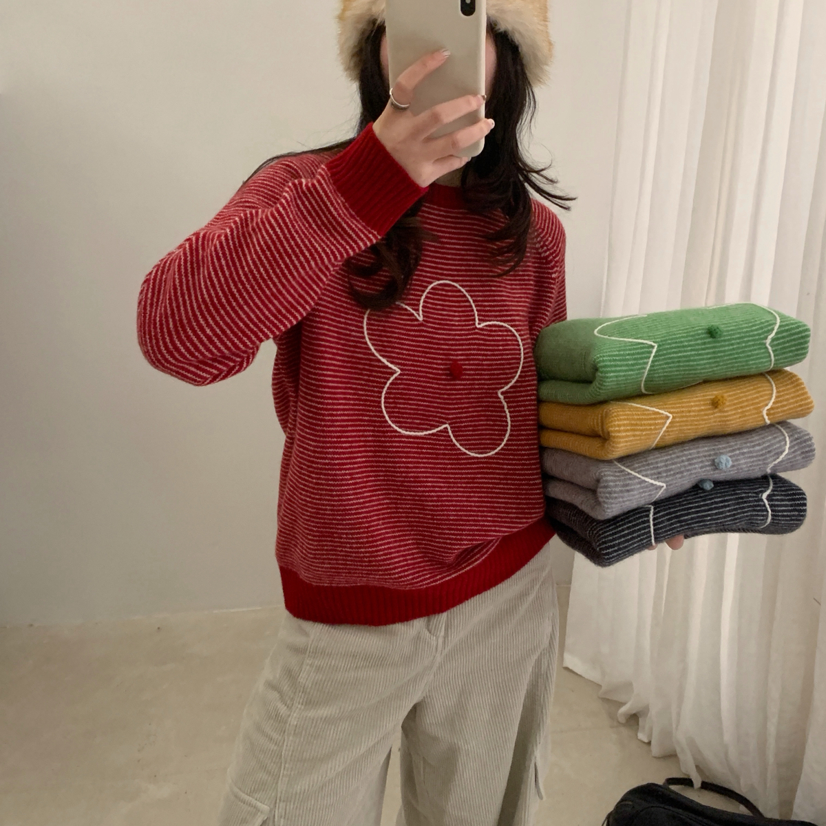 一起设计圆领条纹立体花朵刺绣套头保暖毛衣（含100羊毛）L61143