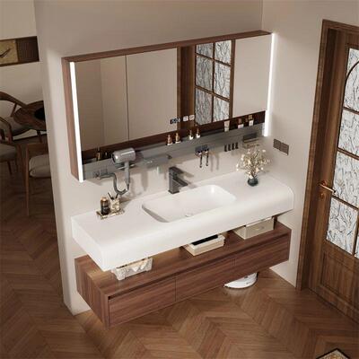 莫顿中古风岩板热弯一体盆浴室柜镜柜组合洗脸盆卫生间洗手洗漱台