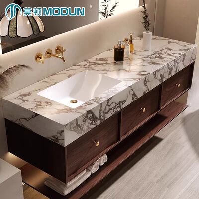 莫顿中古风胡桃木色岩板无缝陶瓷盆浴室柜组合卫生间洗漱台面洗脸