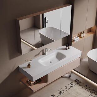 樱慈奶油风岩板热弯一体盆浴室柜组合洗手盆卫生间洗脸组合洗漱盆