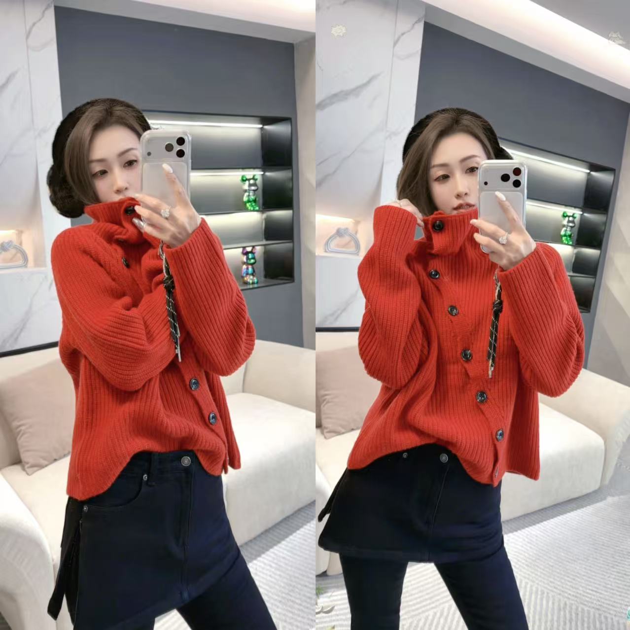 熙薇【暖调主角】2025冬季新款时尚圣诞红立领排扣毛衣H6737