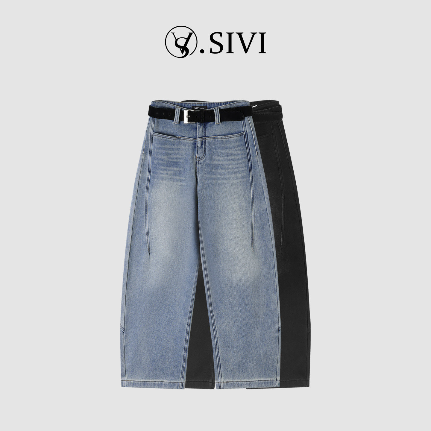 熙薇SIVI高弹弯刀牛仔裤女一字口袋冬季加绒百搭宽松版水洗阔腿裤