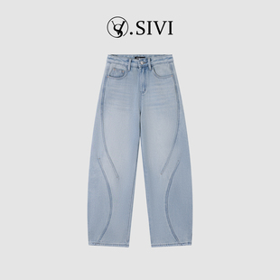 熙薇SIVI牛仔直筒裤女印花米奇加绒加厚浅色水洗垂感显瘦休闲裤