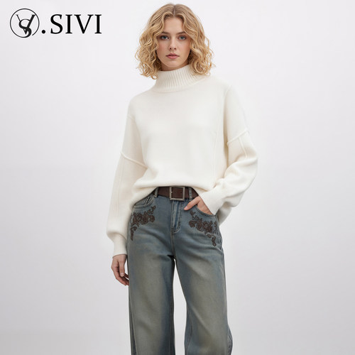 熙薇【流线织柔】2025冬季新款时尚洋气线条感立领羊毛衫H6343