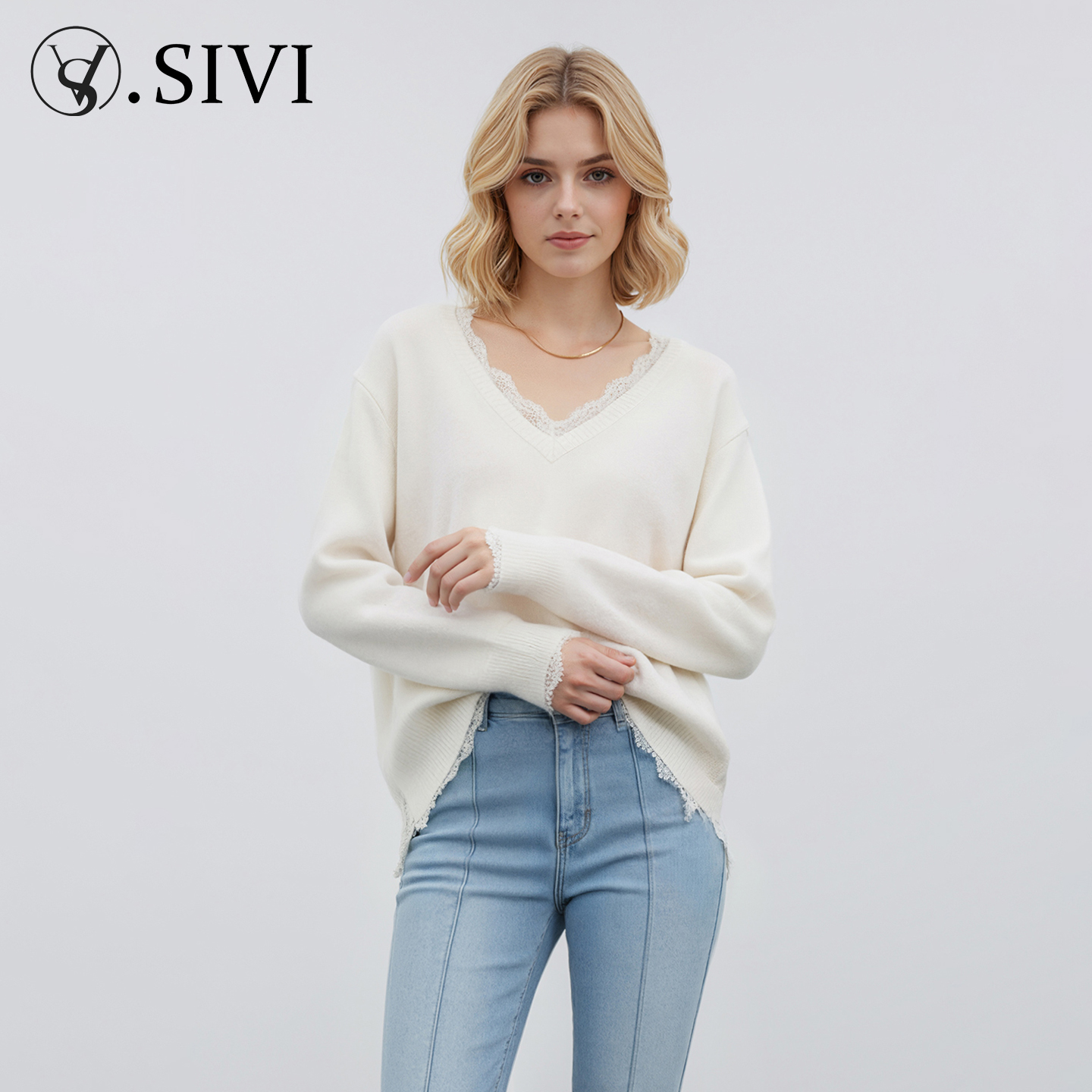 【熙薇SIVI】2025秋冬新款休闲拼蕾丝大版羊毛衫H6254