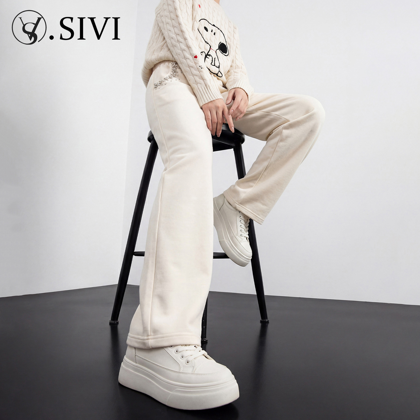 熙薇【密镶漫迹】2025冬季新款时尚休闲镶钻重工羊毛裤H6411