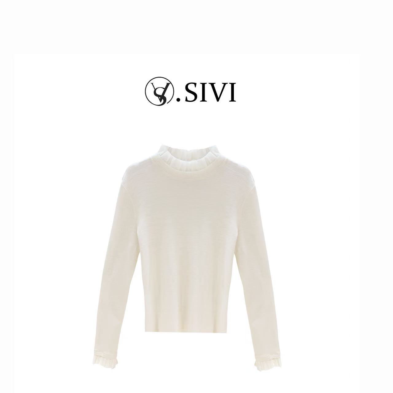 熙薇【初雪漫褶】2025冬季新款天丝羊毛蕾丝边打底上衣H6564