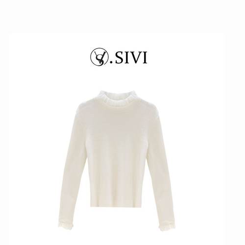 熙薇【初雪漫褶】2025冬季新款天丝羊毛蕾丝边打底上衣H6564