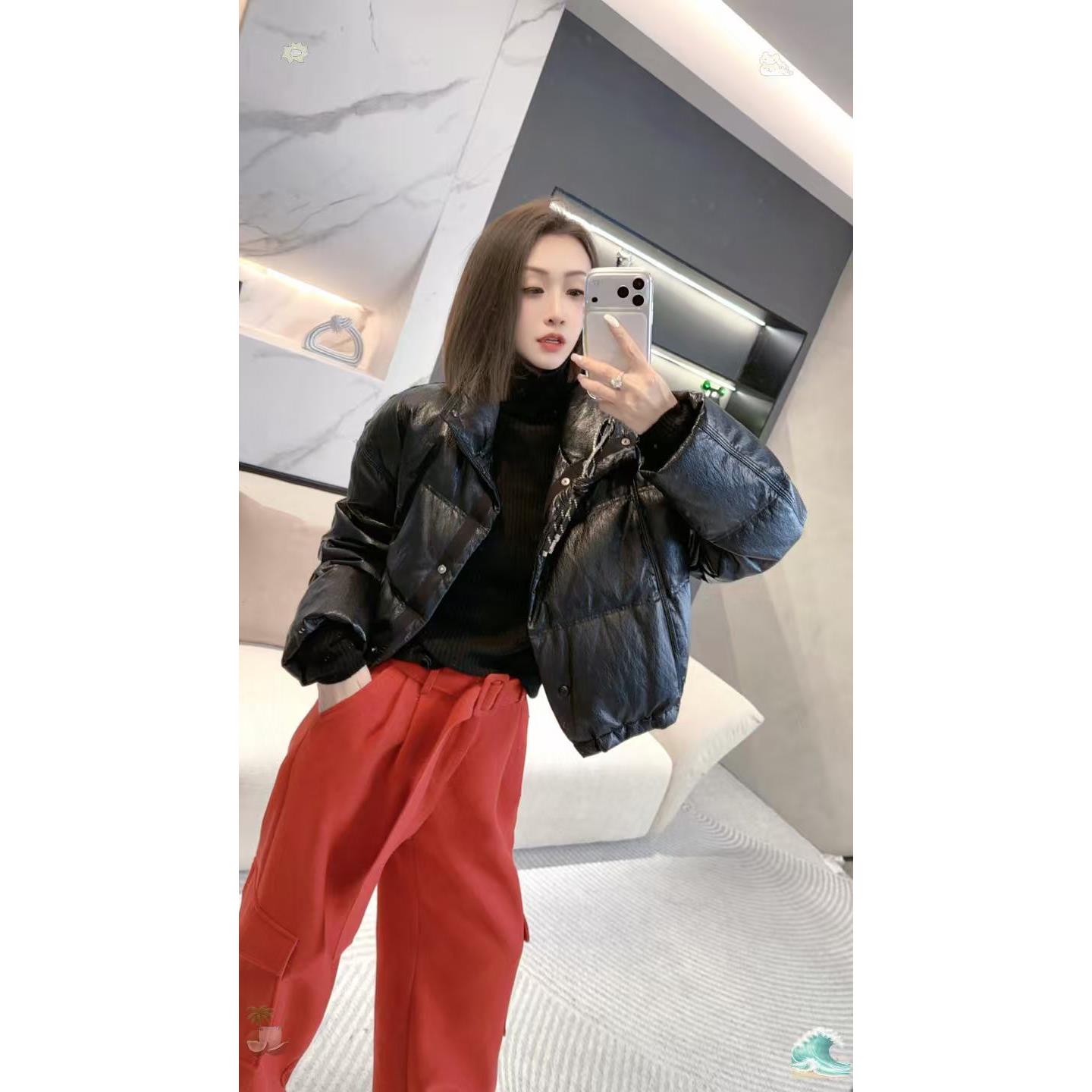 熙薇【墨漆光羽】2025冬季新款超柔蛋白皮羽绒服外套H6614