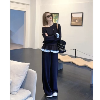 熙薇【小鸟依人】2026韩系露肩假两件卫衣卫裤套装显瘦休闲M2184