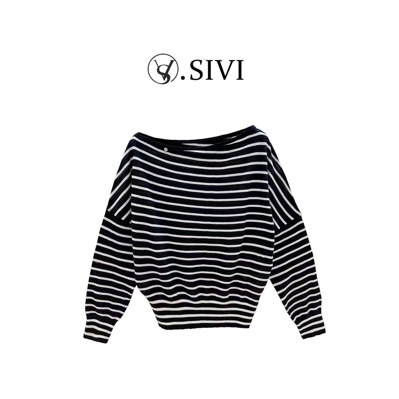 熙薇【罗勒清晨】2025早秋新款时尚休闲百搭一字肩条纹毛衣H5137