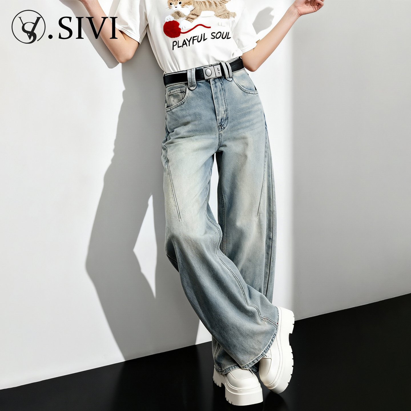 熙薇【水蓝闲境】2025冬季新款时尚潮牌加绒休闲牛仔裤H6618