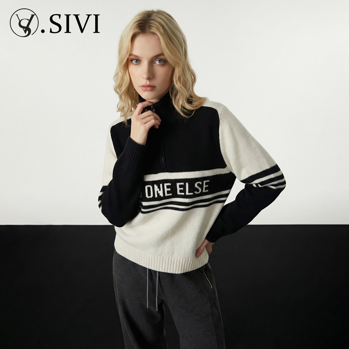 熙薇【黑白温柔】2025秋冬新款上衣针织时尚羊毛毛衣H6174