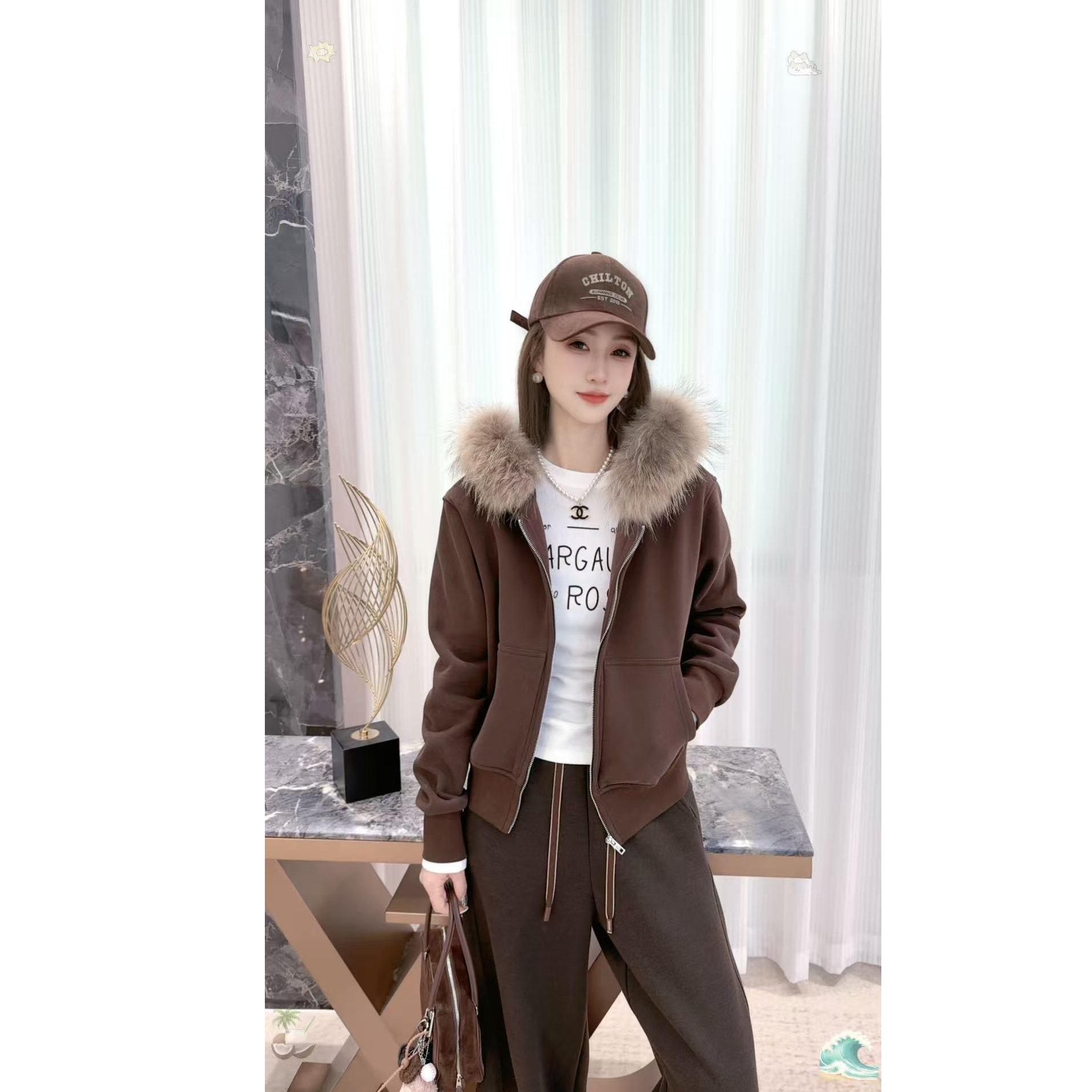 熙薇2025秋冬新款时尚大毛领休闲加绒外套H5996