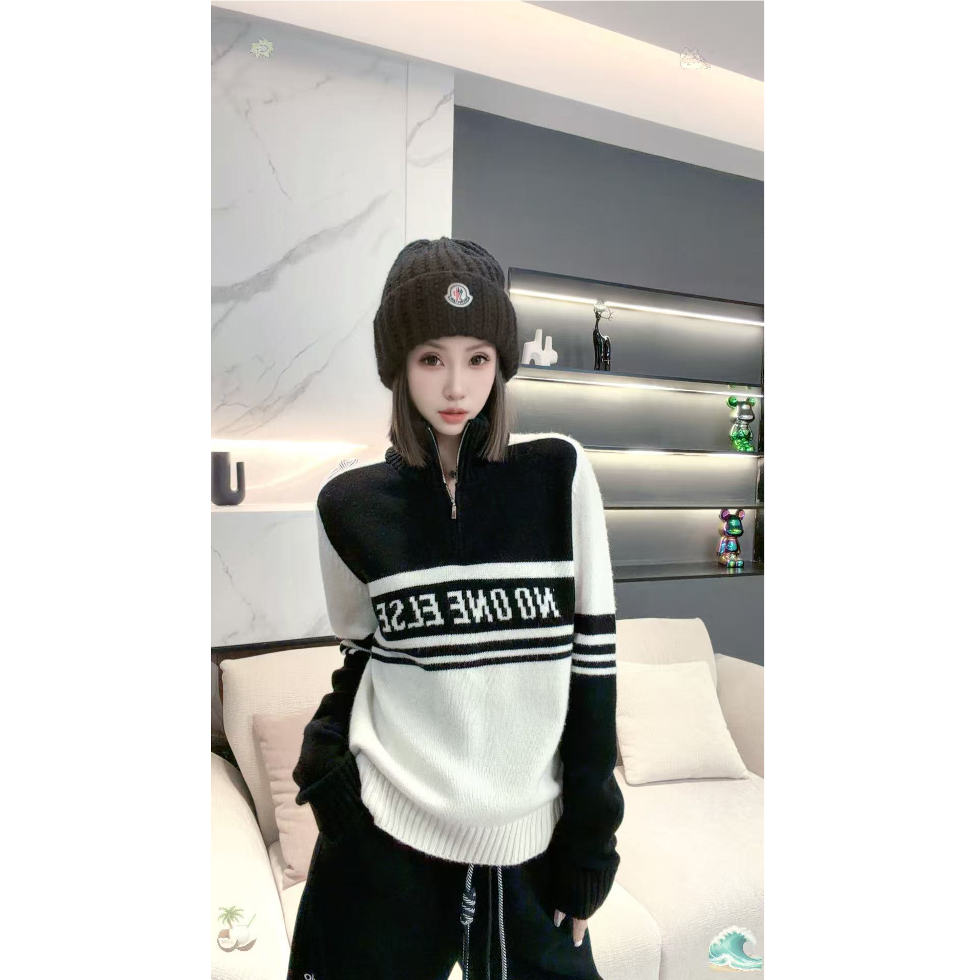 熙薇【黑白温柔】2025秋冬新款上衣针织时尚羊毛毛衣H6174