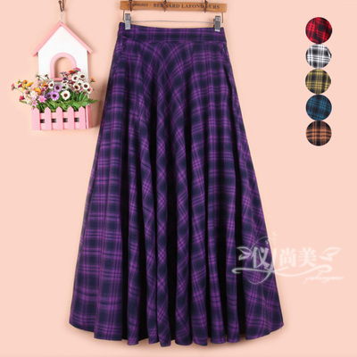 大摆格子长裙a字毛呢半身裙秋冬
