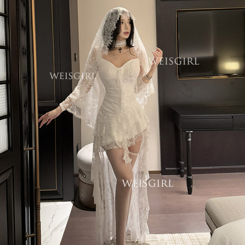 法式纯欲风成熟御姐新娘装小胸cosplay性感蕾丝半透网纱睡裙套装