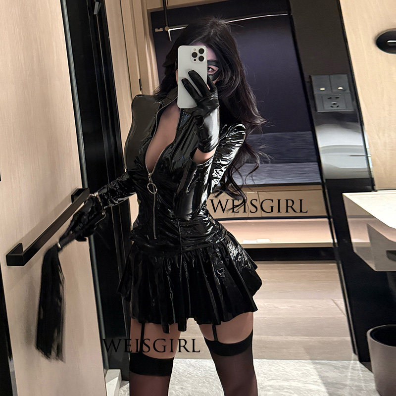 性感辣妹制服小胸cosplay万圣节服装暗黑系漆皮夜场御姐女王套装