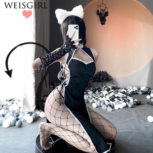 weisgril情调复古风情旗袍装制服诱或睡衣夏季美背性感睡裙套装
