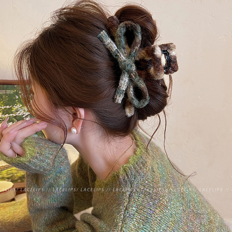 绿咖蝴蝶结毛绒抓夹女2025新款